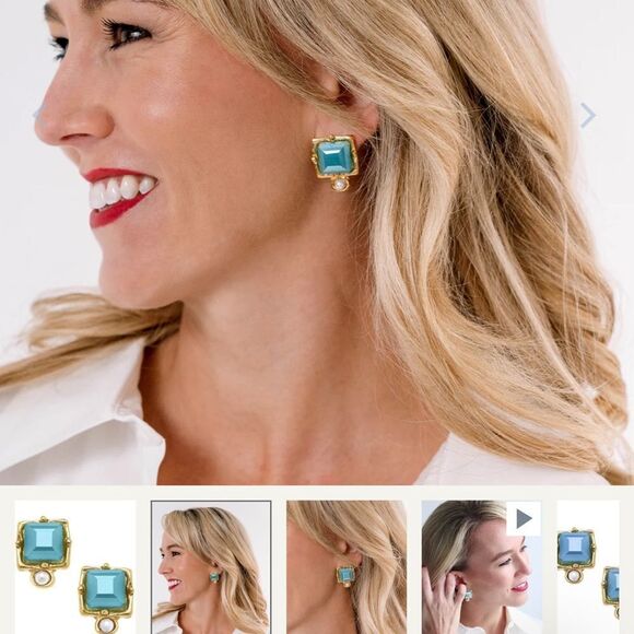 Gold and teal Square Stud Earrings - Picture 2 of 3